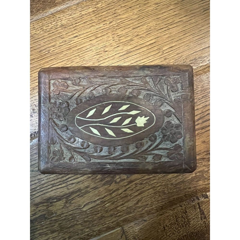 Vintage Rosewood? 5x3.5x2" Trinket Box Hand Carved Wood With Brown Felt Interior